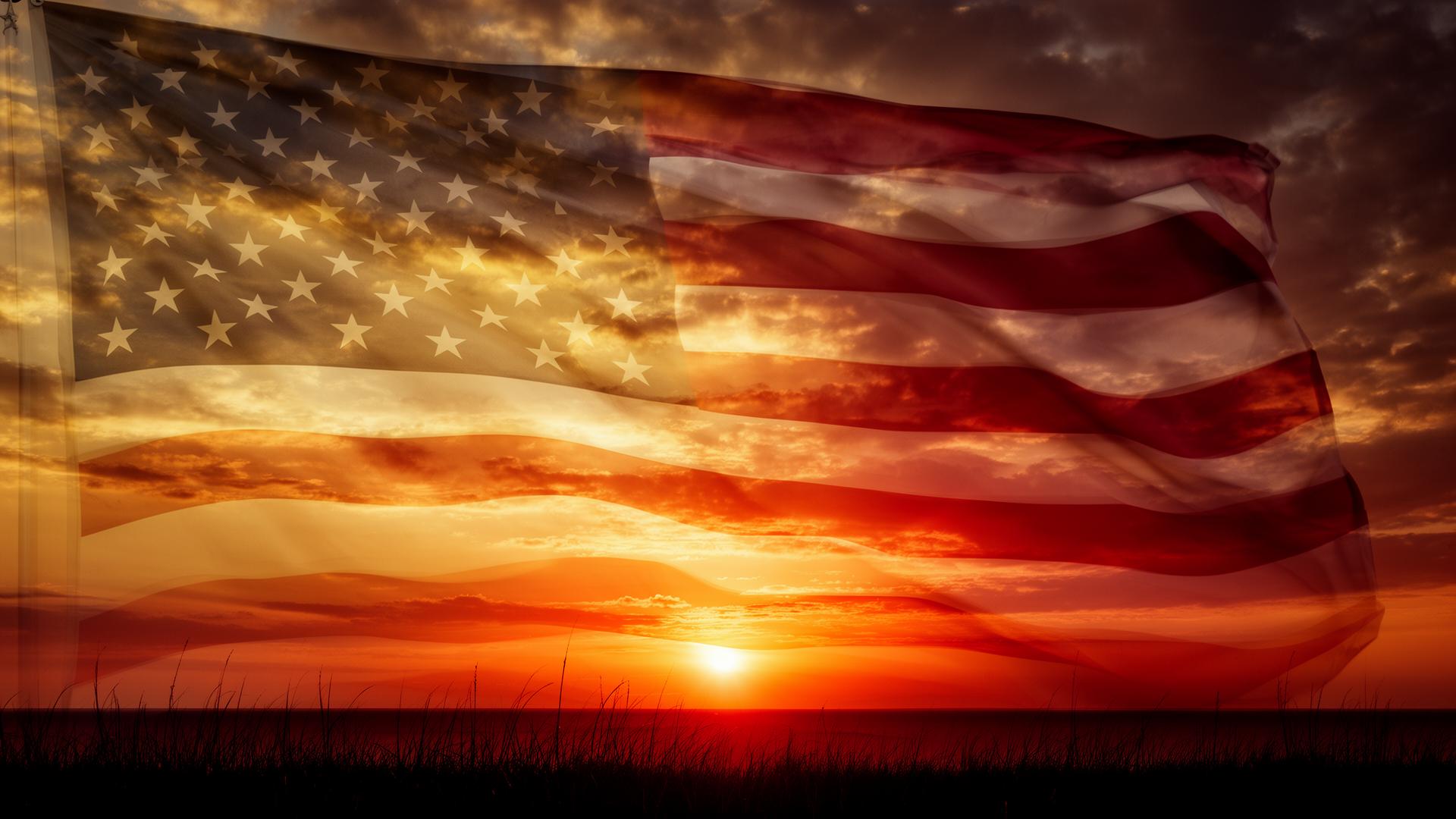 American flag at sunset behind customer reviews for A&G Heating & Air HVAC services